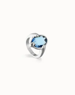 Anillo bañado en plata con cristal facetado ovalado azul
