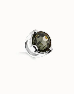 Anillo grande bañado en plata con cristal facetado ovalado gris