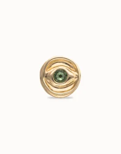 Anillo tipo sello bañado en oro 18k y forma de ojo con cristal facetado verde