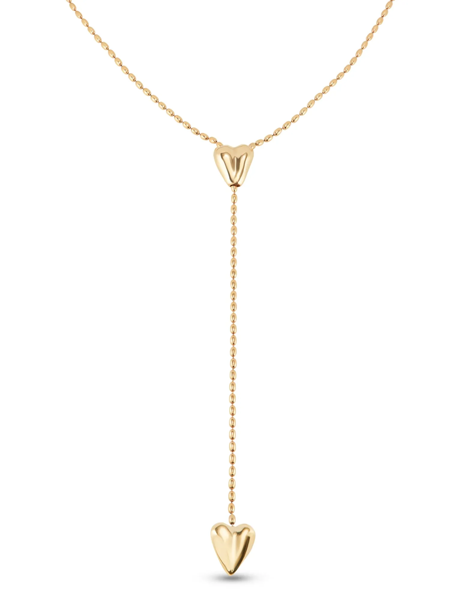 Cadena bañada en oro 18k con dos corazones, uno ajustable en el centro.