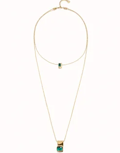 Cadena doble bañada en oro 18k con cristales verdes
