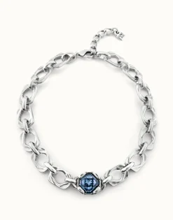 Collar bañado en plata de ley y cristal central azul