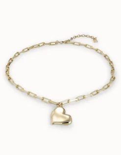 Collar corto bañado en oro de 18k, cadena de eslabones medianos y corazón mediano