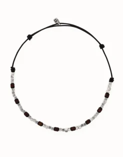 Collar de cuero con cuentas en plata y madera
