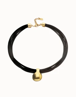 Collar de cuero con esfera grande bañada en oro 18k