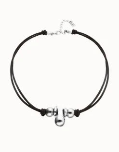 Collar de cuero con tres esferas bañadas en plata de ley