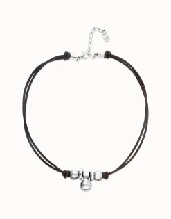 Collar de cuero con tres esferas bañadas en plata de ley