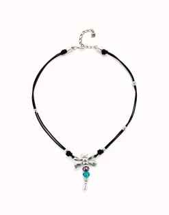 Collar de cuero y libélula bañado en plata de ley con cristales
