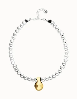 Collar de esferas medianas bañadas en plata de ley y esfera grande en oro 18k