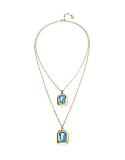 Collar doble bañado en oro 18k con dos cristales facetados rectangulares