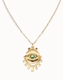 Collar largo bañado en oro 18k con detalle de ojo y cristal facetado verde