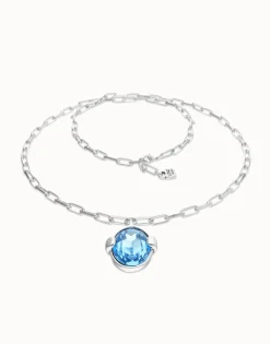 Collar largo bañado en plata con cristal facetado ovalado azul grande