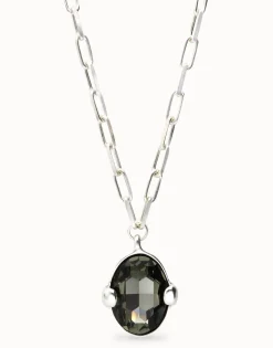Collar largo bañado en plata con cristal facetado ovalado gris grande