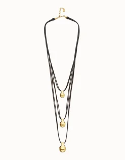 Collar triple de cuero con tres esferas bañadas en oro 18k