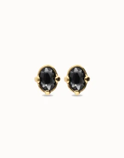 Pendientes bañados en oro 18k con cristal facetado ovalado negro