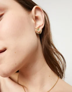 Pendientes bañados en oro 18k en forma de ojo con pestañas y cristal facetado verde