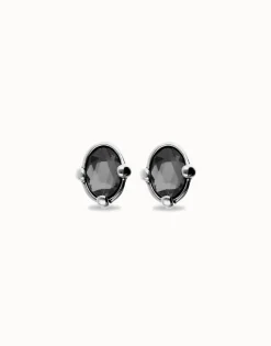 Pendientes bañados en plata con cristal facetado ovalado negro