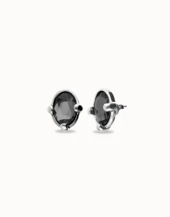 Pendientes bañados en plata con cristal facetado ovalado negro