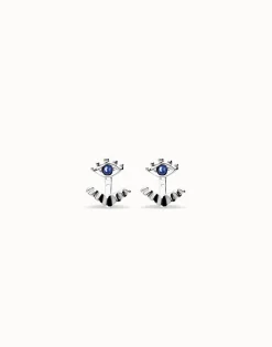 Pendientes bañados en plata en forma de ojo con pestañas y cristal facetado azul