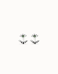 Pendientes bañados en plata en forma de ojo con pestañas y cristal facetado verde