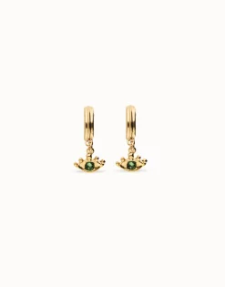 Pendientes de aro bañados en oro 18k con forma de ojo y cristal facetado verde