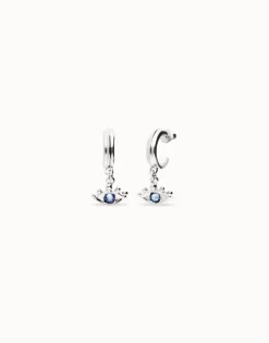 Pendientes de aro bañados en plata de ley con forma ojo y cristal facetado azul