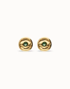 Pendientes de botón bañados en oro 18k con cristal facetado verde