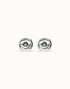 Pendientes de botón bañados en plata con cristal facetado verde