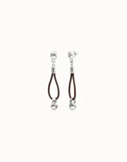 Pendientes de cuero largo con detalle de esfera bañado en plata de ley