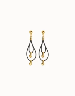 Pendientes de cuero largo doble con detalle de esfera bañado en oro 18k