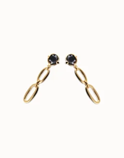Pendientes largos bañados en oro 18k con cristal facetado negro y eslabones
