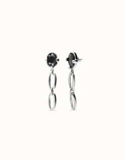 Pendientes largos bañados en plata con cristal facetado negro y eslabones
