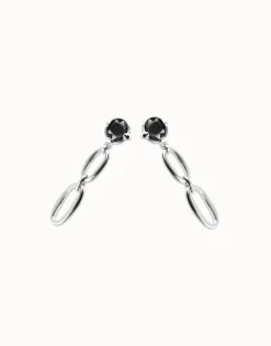 Pendientes largos bañados en plata con cristal facetado negro y eslabones
