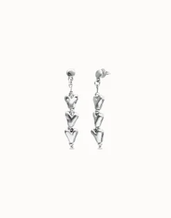 Pendientes largos con corazones encadenados bañados en plata de ley