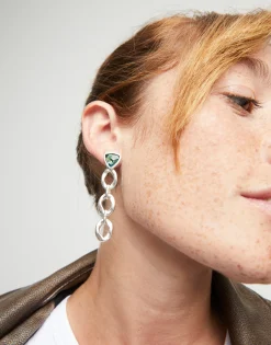 Pendientes largos con eslabones y cristal verde triangular