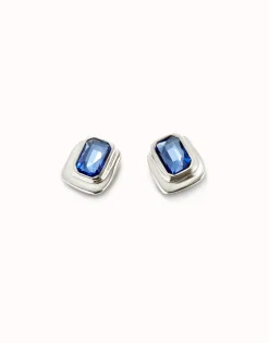 Pendientes rectangulares bañados en plata de ley con cristal azul