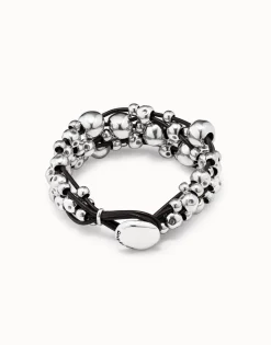 Pulsera ancha de cuero bañada en plata de ley