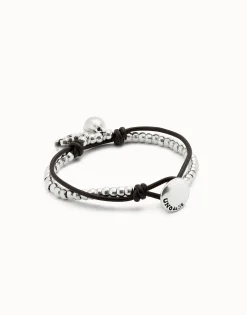 Pulsera bañadas en plata de ley con cuero y cristal de murano marfil