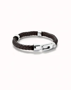 Pulsera cuero trenzada con 2 circunferencias bañadas en plata de ley