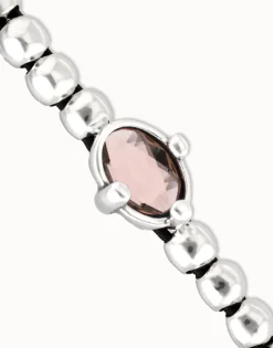 Pulsera de bolas bañada en plata con cristal facetado ovalado rosa