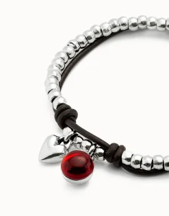 Pulsera de bolas bañadas en plata de ley con cuero y cristal rojo