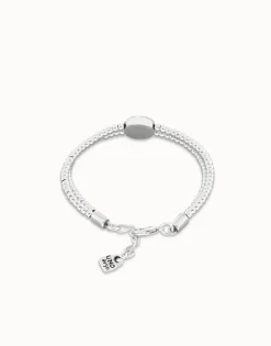 Pulsera de bolas doble bañada en plata de ley con detalle de ojo y cristal verde