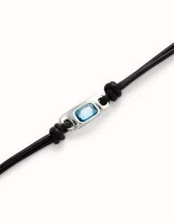 Pulsera de cuero bañada en plata de ley con cristal azul celeste