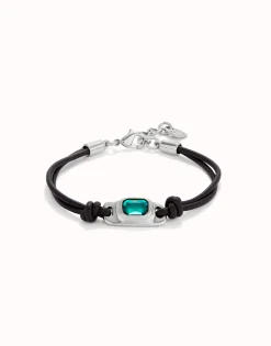 Pulsera de cuero bañada en plata de ley con cristal verde