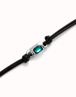 Pulsera de cuero bañada en plata de ley con cristal verde