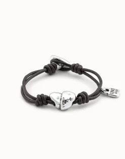 Pulsera de cuero con corazón bañada en plata de ley