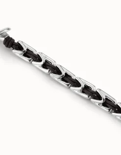 Pulsera de cuero con eslabones bañados en plata de ley