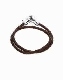Pulsera de cuero doble marrón con mosquetón entrelazado en plata