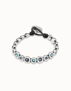 Pulsera de cuero marrón bañada en plata de ley y cristales azules