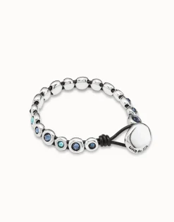 Pulsera de cuero marrón bañada en plata de ley y cristales azules